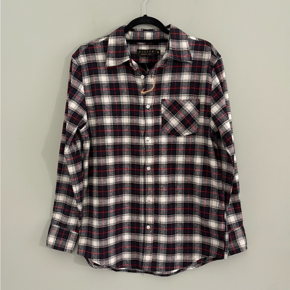 Men's NWOT Plaid Flannel Button-Down Shirt | M | Navy Red White